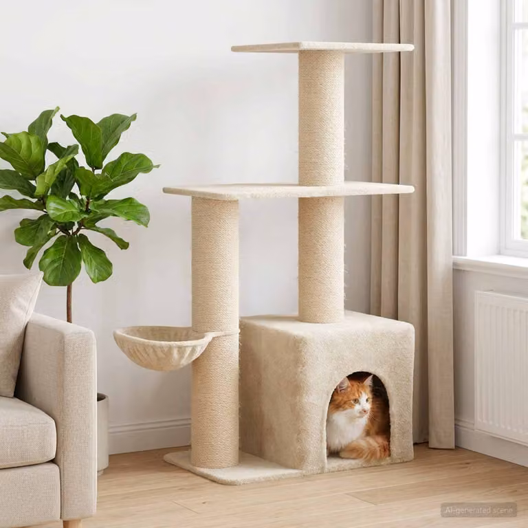 Albero per gatti vidaXL con cave, giochi integrati e pali in sisal sostituibili, beige, Altezza: 133 cm
