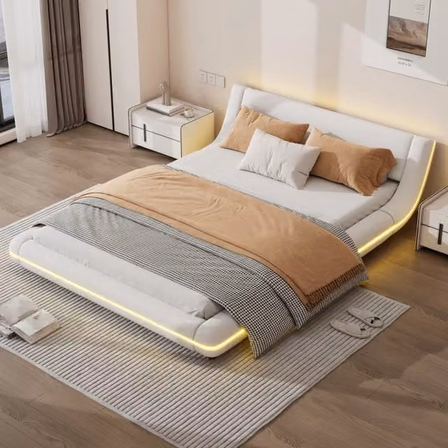 Letto a pavimento 140x200 cm in PU e MDF con LED regolabili via app; bianco