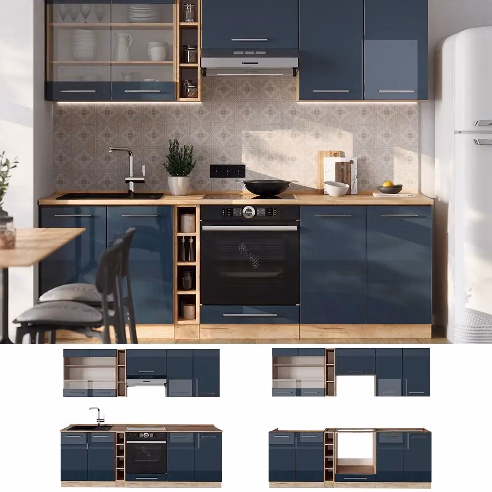 Cucina componibile Fame-Line Vicco Blu scuro lucido e Rovere dorato con PL Antracite L: 235 cm – 2