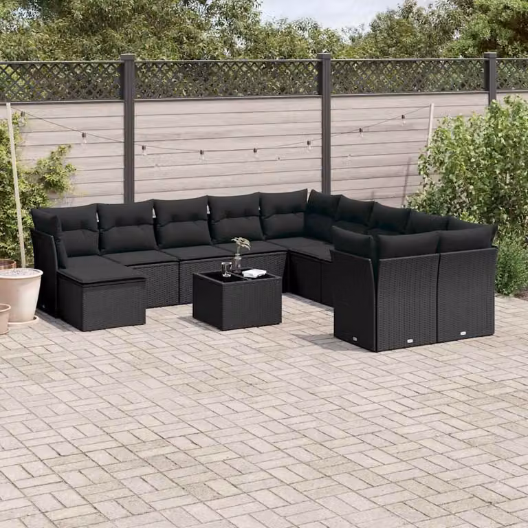 vidaXL Set Divani da Giardino 12 pz a Forma a U in Polyrattan Nero con Cuscini e Tavolino da Esterno