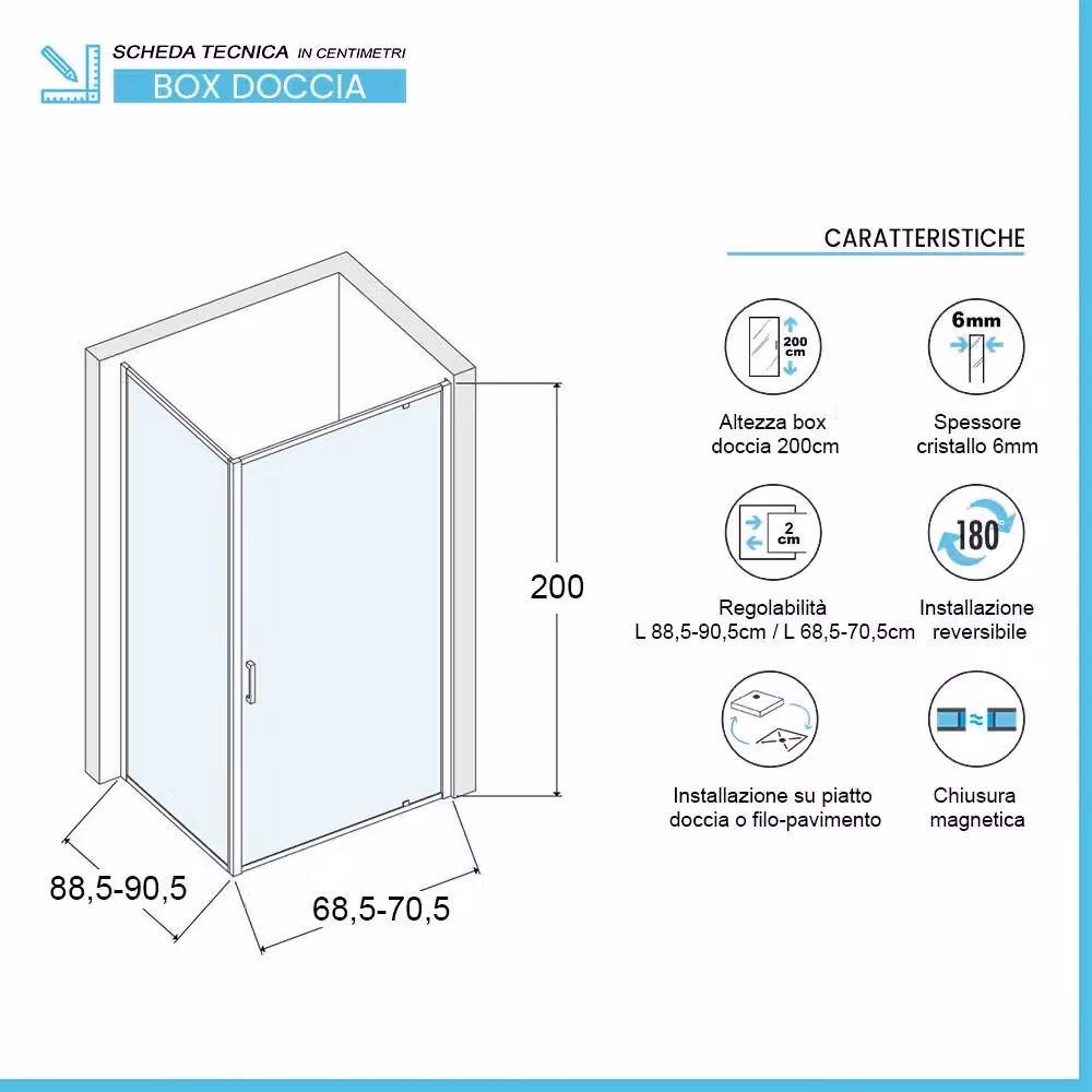Box doccia angolare INBAGNO con porta battente in vetro temperato trasparente e profili cromo L: 90,5 cm, P: 70,5 cm, H: 200 cm – 2
