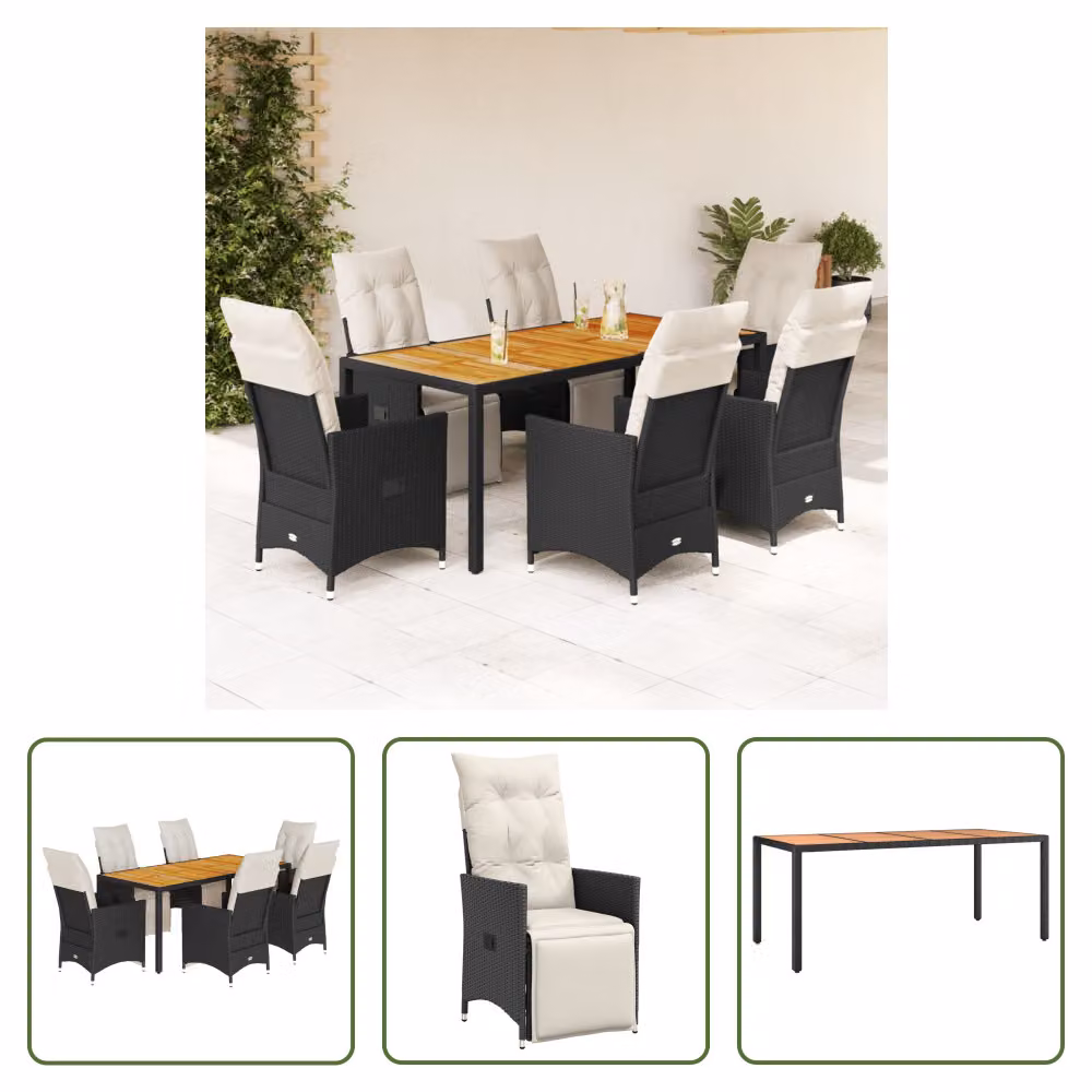 The Living Store Set da pranzo da giardino 7 pezzi con cuscini in polirattan nero