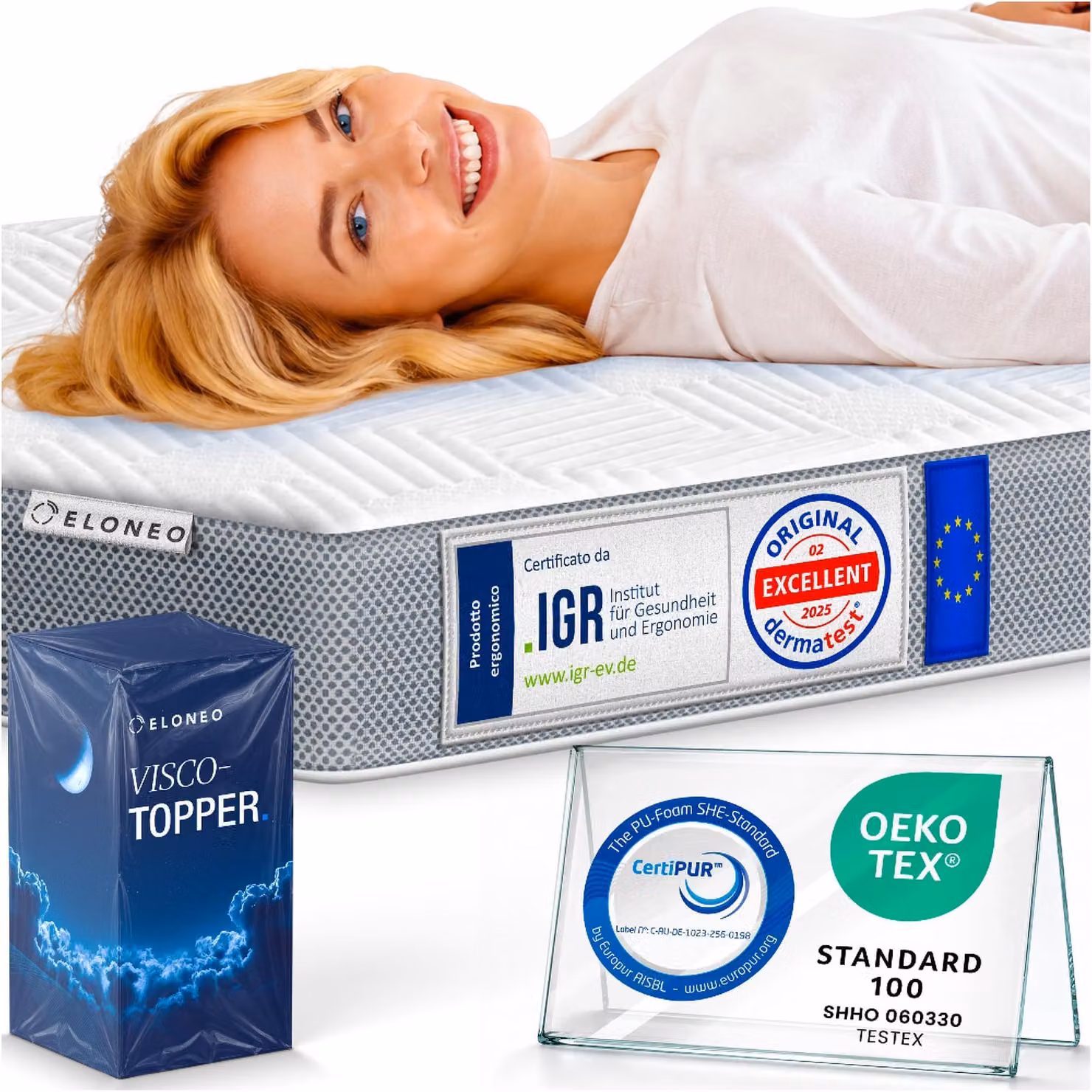 Coprimaterasso viscoelastico ELONEO 80x200cm, coprimaterasso con effetto memory foam, altezza 5 cm, coprimaterasso per letto e rete a doghe