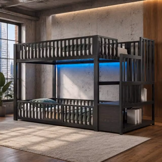 Letto a castello 90x200 cm con scala contenitore e illuminazione LED, nero