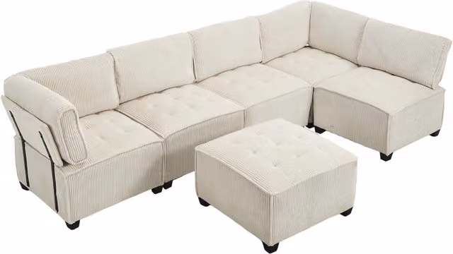 Divano modulare 6 posti in tessuto di velluto, struttura in legno e metallo, beige, configurabile a U, L o letto
