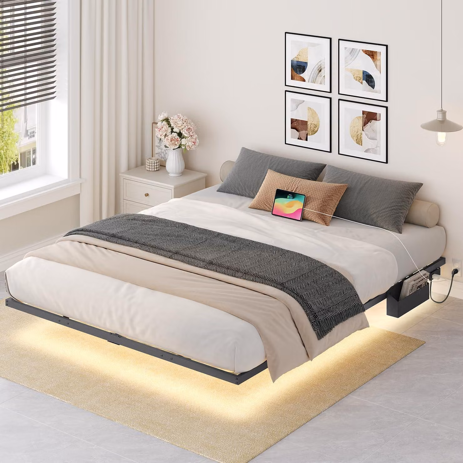 Struttura letto in metallo, dimensioni 160x200 cm, sospesa, con illuminazione a LED e base di ricarica