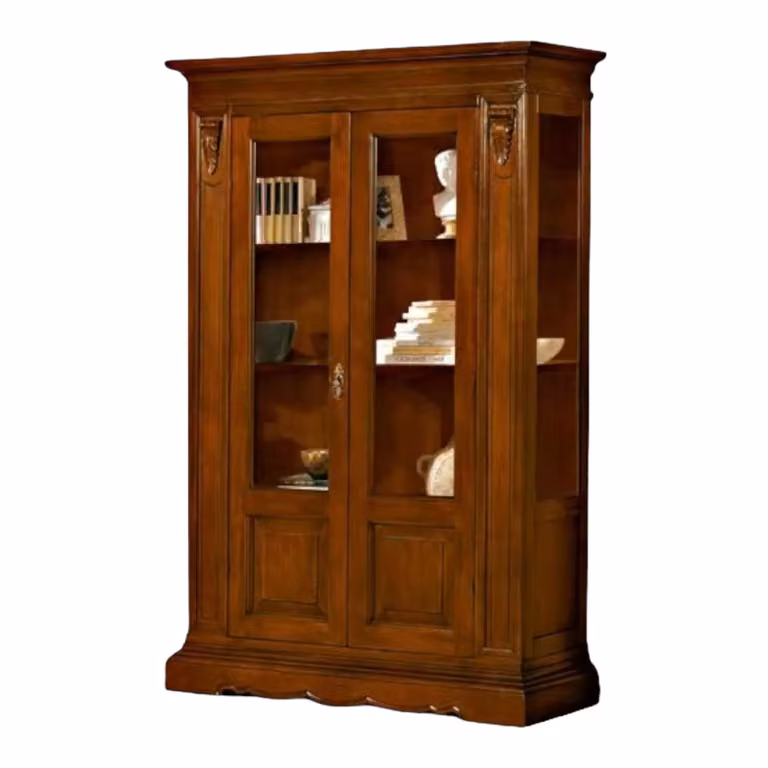 Vetrina stile arte povera Mobili 2G in legno con ante in vetro e serratura, colore noce, L: 146 cm, P: 49 cm, H: 214 cm