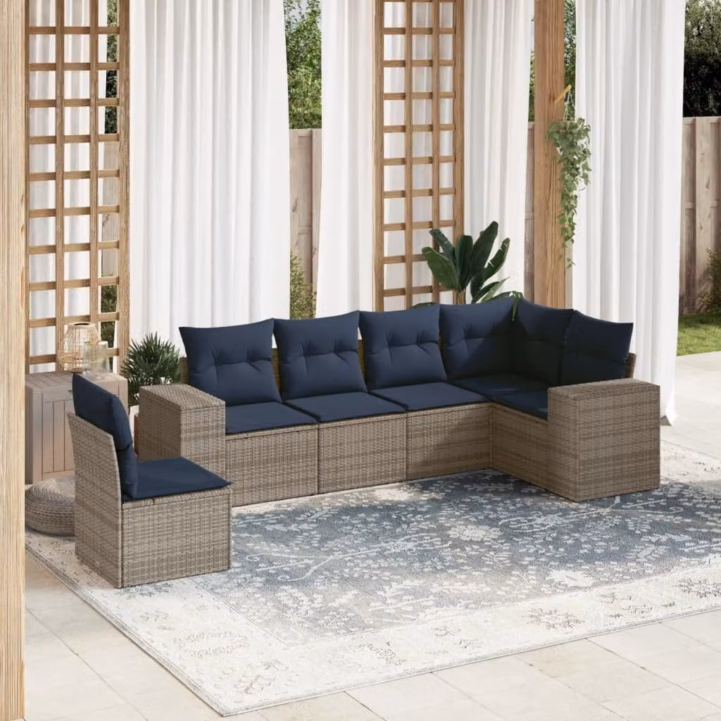 Set di divani da giardino vidaXL in polyrattan a forma di L, 6 pezzi con cuscini grigi e blu, design moderno resistente ai raggi UV