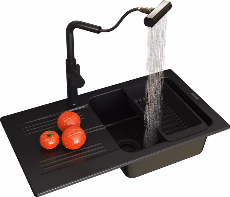 Granitan - Lavello in granito - Lavandino 77,5x43,5 cm - Lavello cucina nero - con miscelatore - ADA