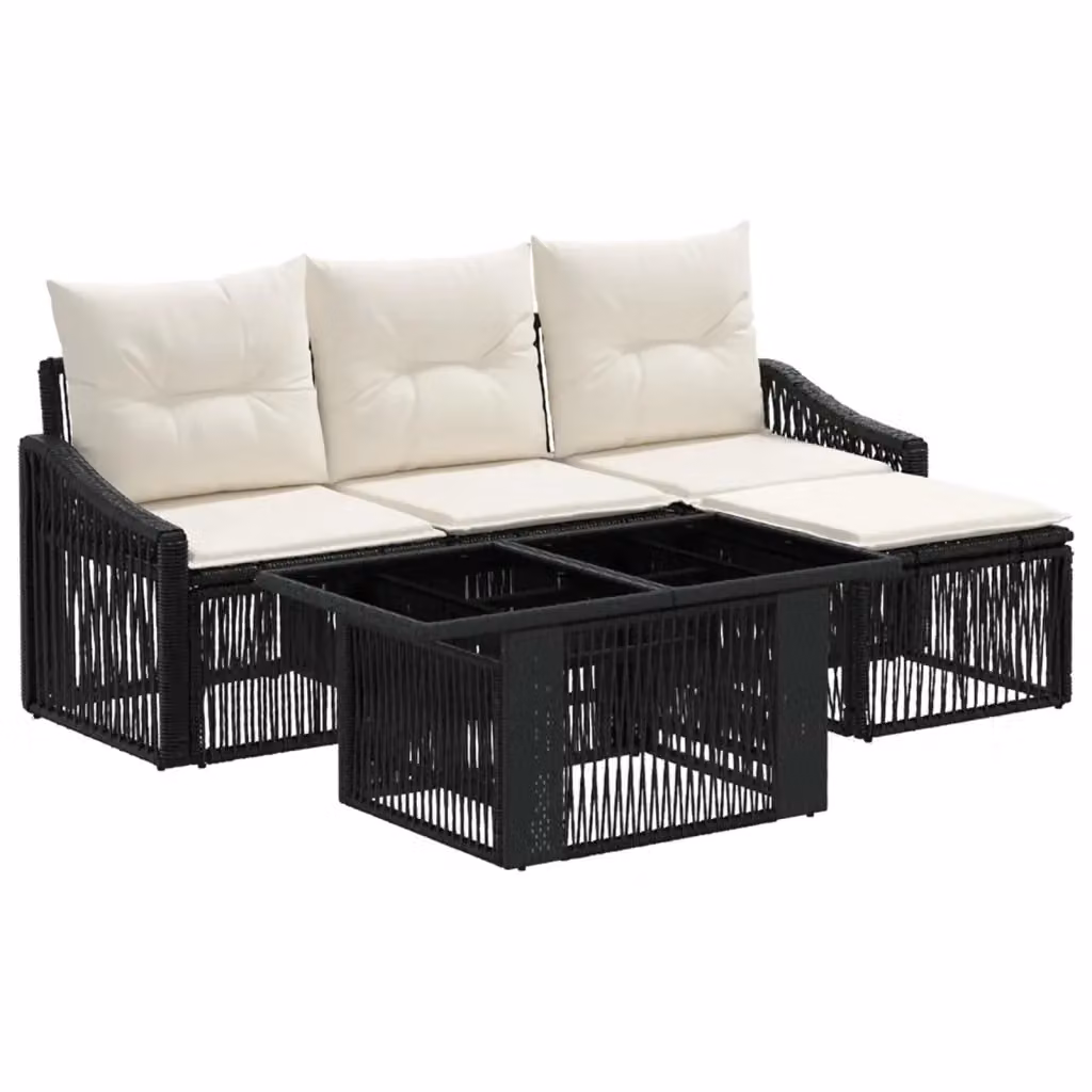 Set Divano da Giardino 5 Pezzi vidaXL in Polyrattan Nero e Bianco Crema con Cuscini e Tavolino – 2