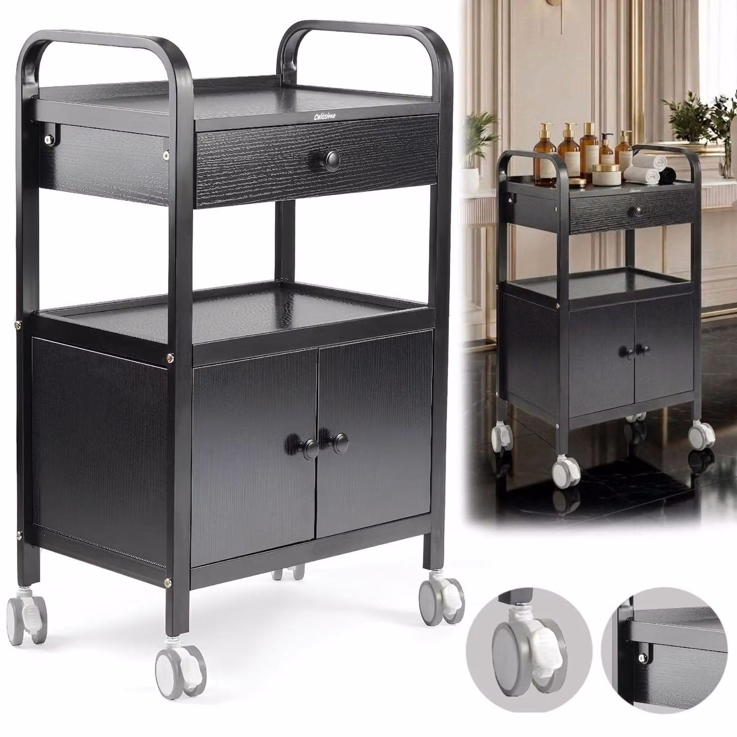 Assistente cosmetico parrucchiere per salone, carrello universale con cassetto su ruote.