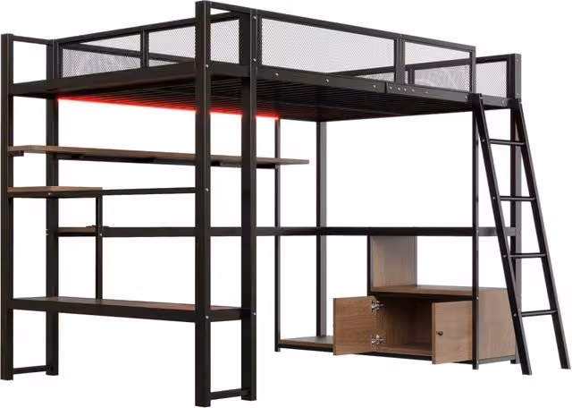 Letto a soppalco da gaming in metallo 140x200 cm con scrivania integrata, illuminazione LED e ampio spazio di archiviazione, nero