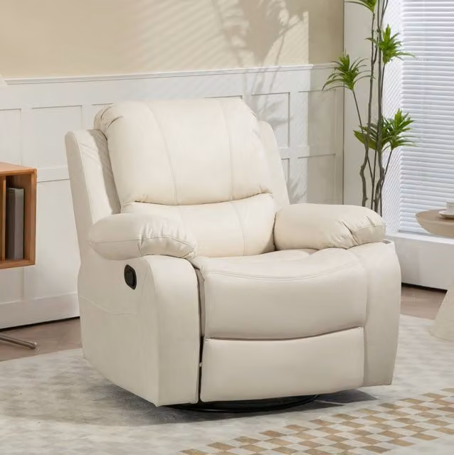 Poltrona Relax Girevole con Schienale Reclinabile e Poggiapiedi, Rivestimento in Tessuto Crema, 93x100x98 cm
