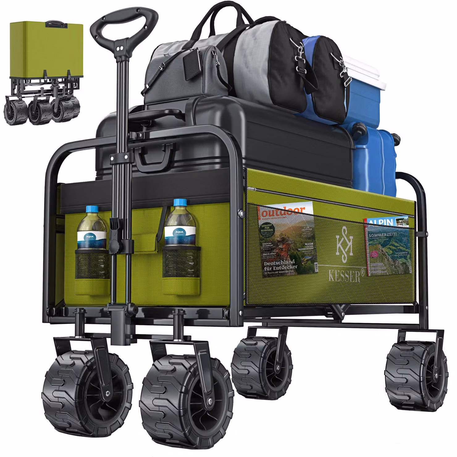 Carretto pieghevole KESSER® con ruote larghe | carrello a mano | carrello da trasporto | carrello per attrezzi | incl. 2 borse a rete | pieghevole | ruote in plastica | portata fino a 150 kg | carrello da trasporto | rimorchio da giardino