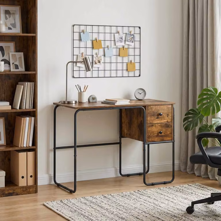 Scrivania moderna vidaXL in legno e metallo con spazio di archiviazione, colore marrone rovere, L: 100 cm, P: 60 cm, H: 75 cm
