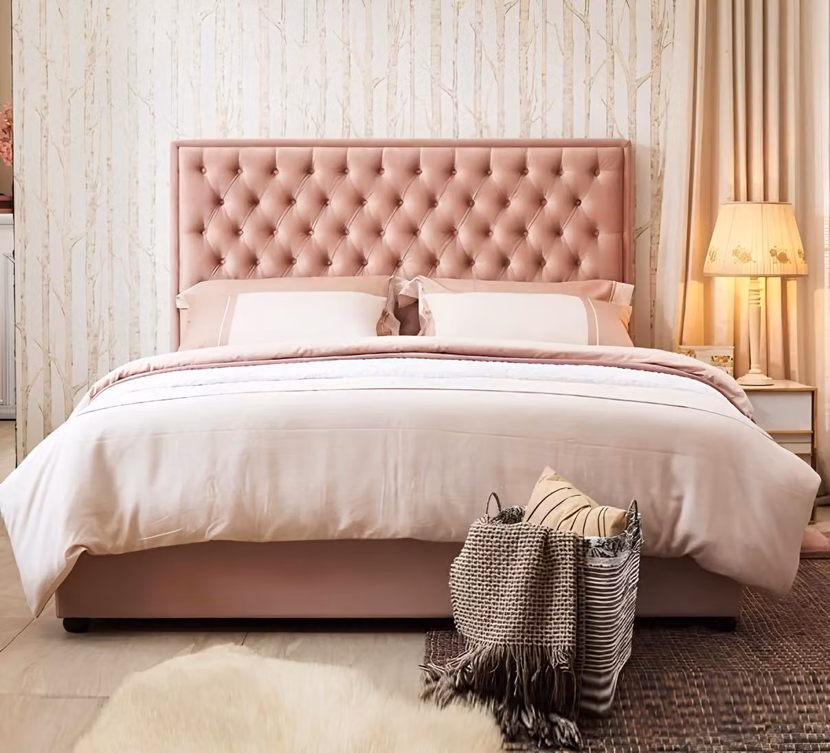 Bett Chesterfield Design Luxus Hotel Betten 180x200cm Schlaf Zimmer Leder Rosa