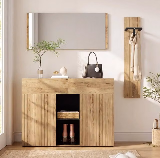 Set guardaroba ingresso 125x35x178 cm con specchio; appendiabiti e scarpiera nero naturale