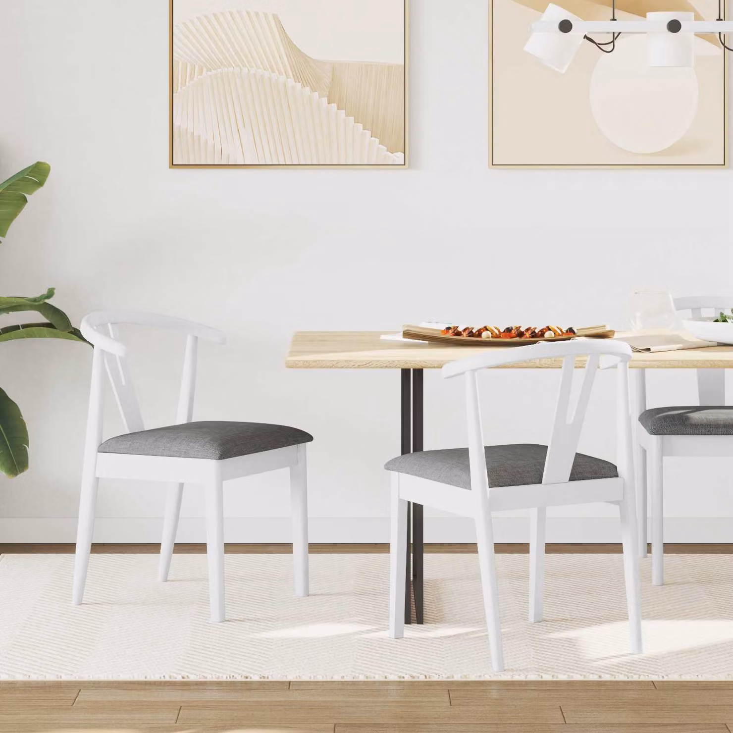 Set di 2 sedie da pranzo vidaXL in legno di gomma con braccioli, Bianco e Grigio