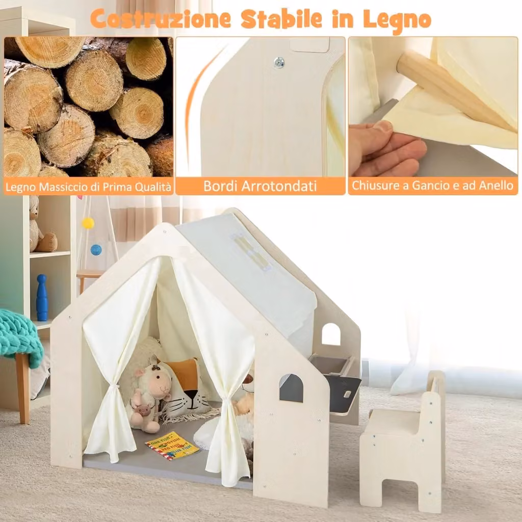 Tenda da gioco 6 in 1 Costway per bambini in legno con tappetino, capanna rimovibile per interni, colore grigio e bianco, L: 131 cm, P: 98 cm, H: 113 cm – 2