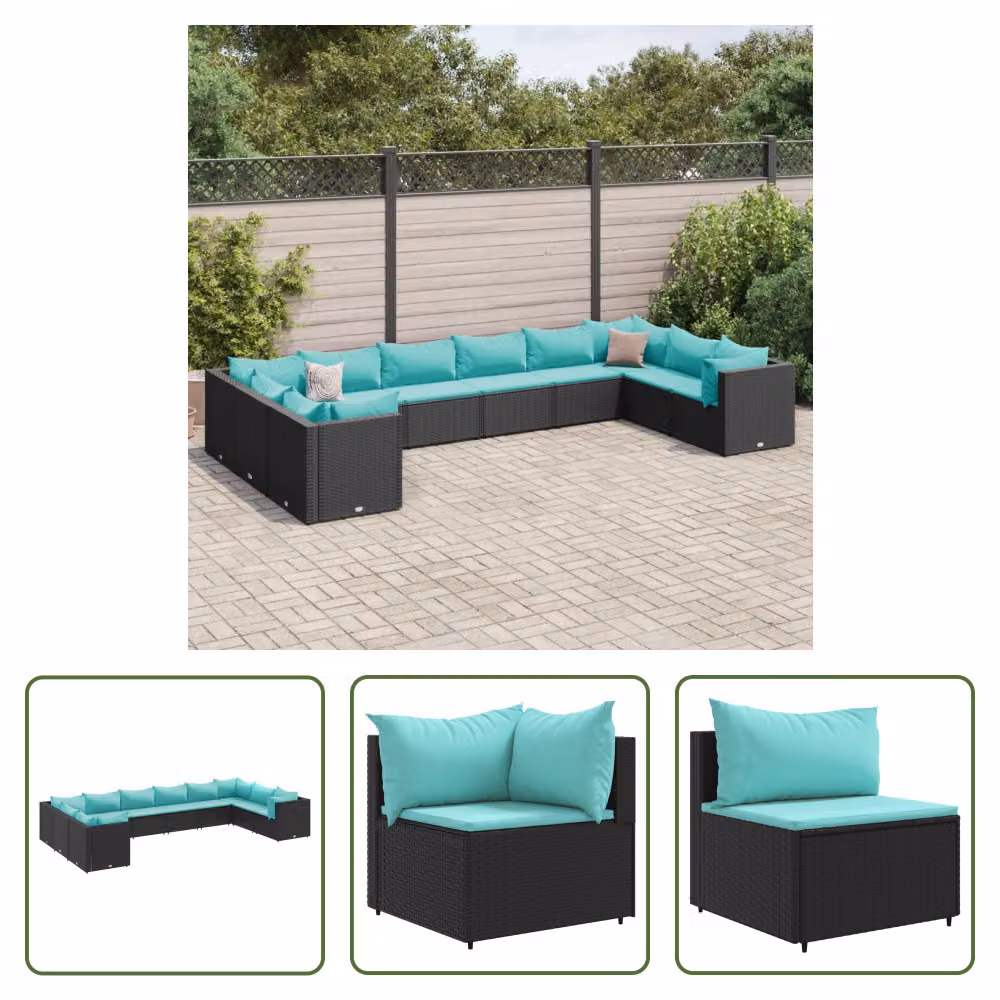 The Living Store Set da giardino da 10 pezzi con cuscini in poly rattan nero