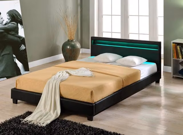 Letto Matrimoniale Imbottito Corium Nero con Illuminazione a LED e Contenitore L/P/H: 160 x 200 x 78 cm – 1