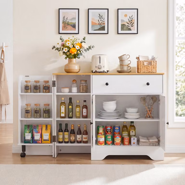 Credenza buffet Costway bianca con ante a battente, cassetti interni e ripiani, mobile dispensa moderno in MDF per cucina, soggiorno e sala da pranzo