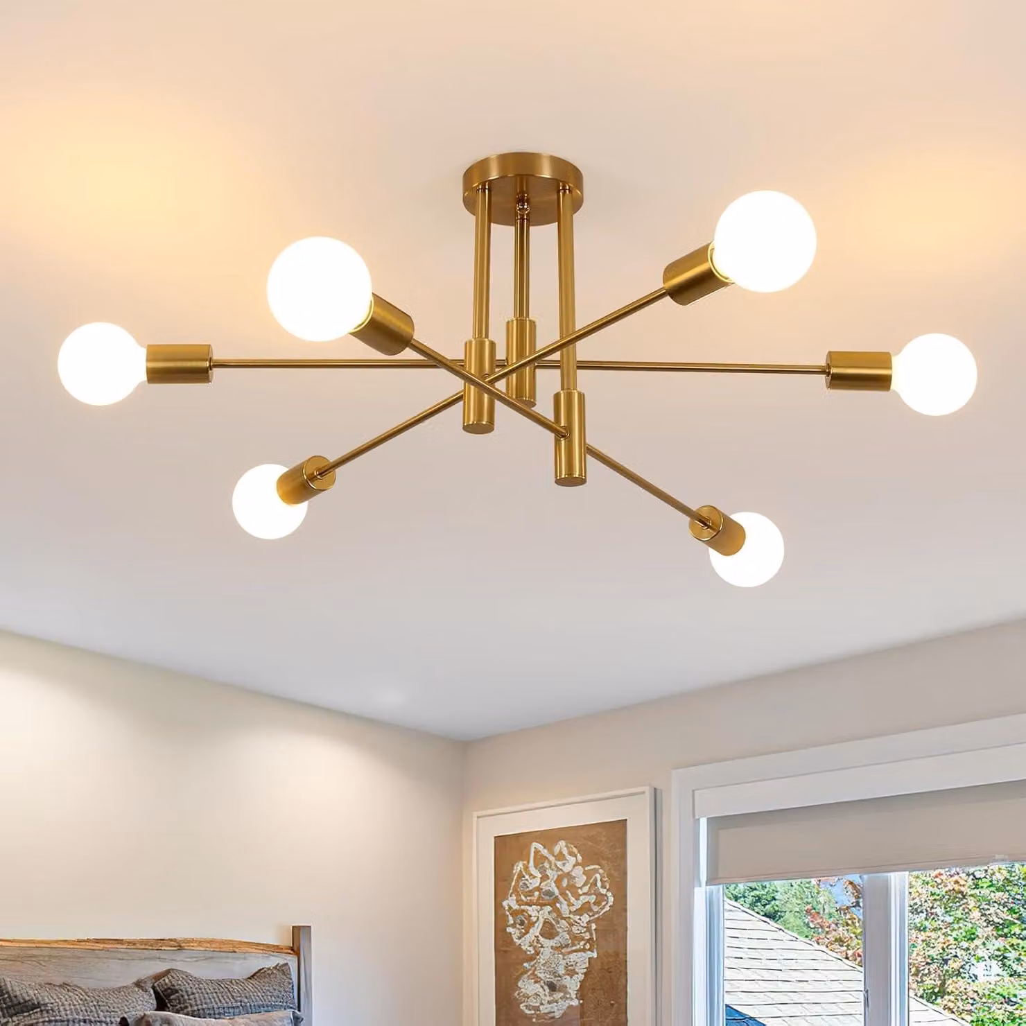 Lampada a sospensione vintage Comely, 6 luci, stile Sputnik, attacco E27, colore oro, diametro 72 cm