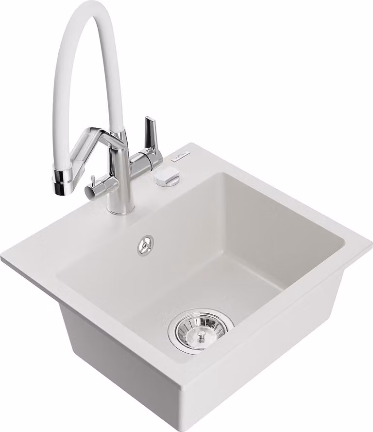 Mexen Milo lavello in granito a 1 vasca con rubinetto da cucina Duo, bianco - 6505-20-671701-02