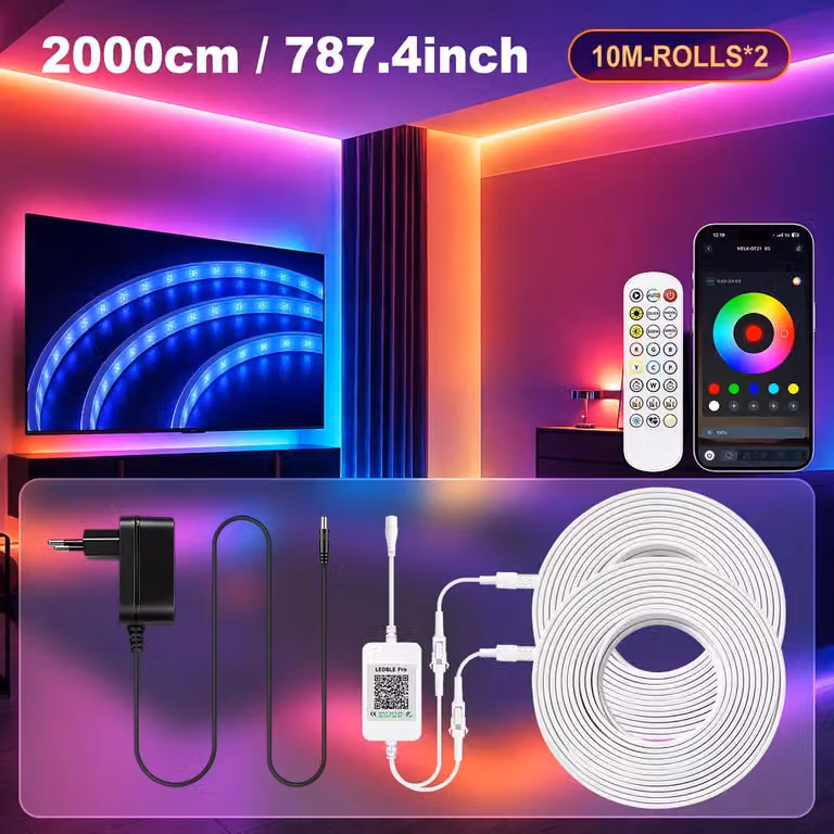 Strisce LED RGBIC – Controllo tramite app con sincronizzazione musicale – 20 metri – Colori segmentati – Illuminazione d'ambiente flessibile effetto neon – Impermeabili – Spina EU, 220–240 V