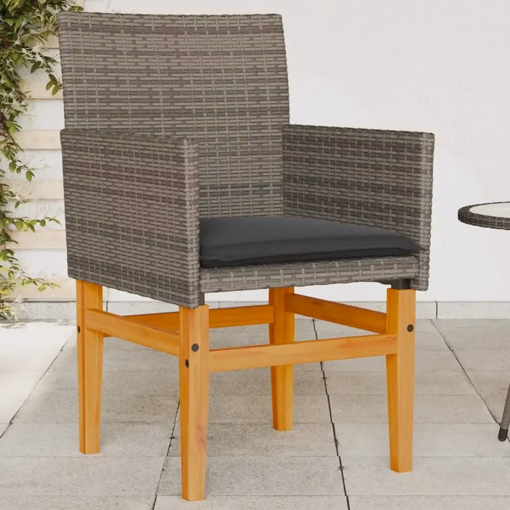 Set di 2 sedie da giardino moderne in polyrattan grigio con cuscini in tessuto e struttura in legno di acacia oliato con braccioli – 2