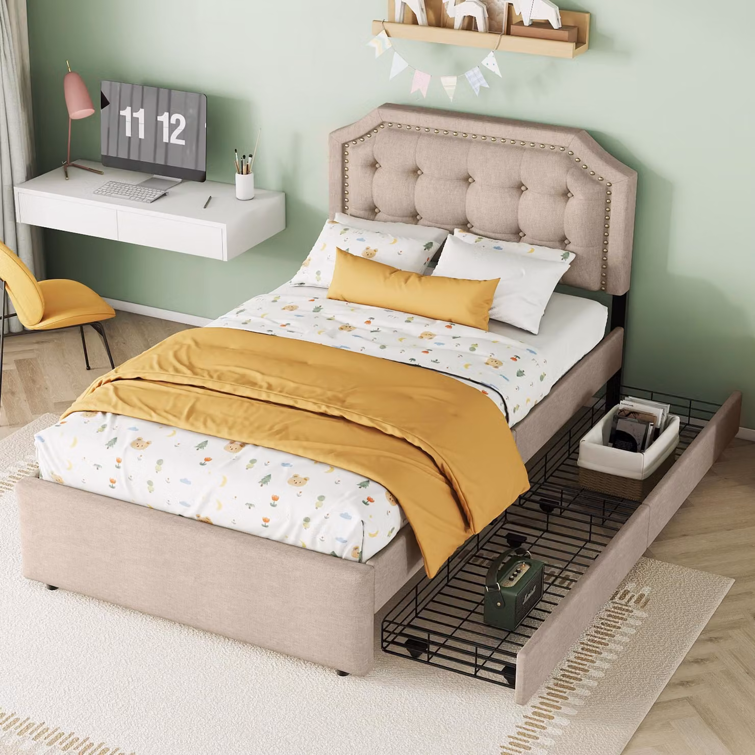 Letto imbottito 90 x 200 cm piatto, comodino imbottito con rivetti decorativi, doppio cassetto, beige scuro