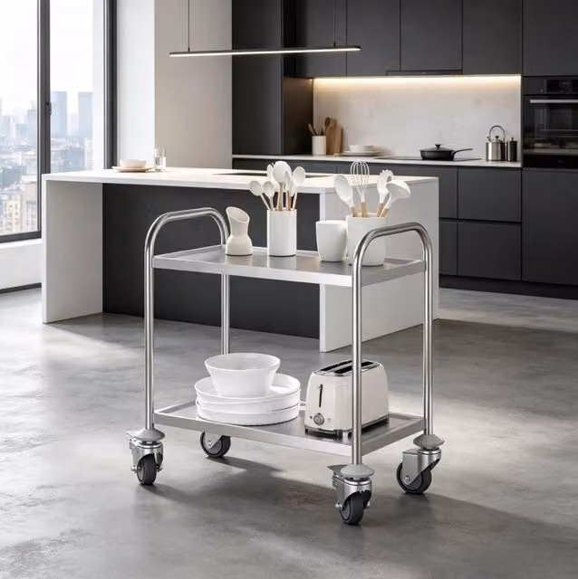 Carrello da cucina 80x45x82 cm in acciaio inox grigio, 2 ripiani –