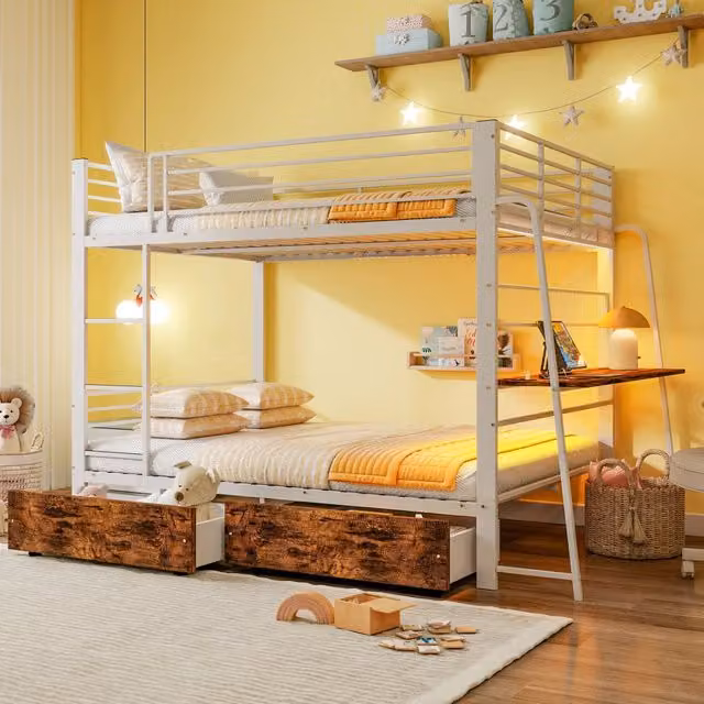 Letto a soppalco ¨C Minimal ¨C Bianco metallo 140x200cm con scrivania cassetti LED rete a doghe