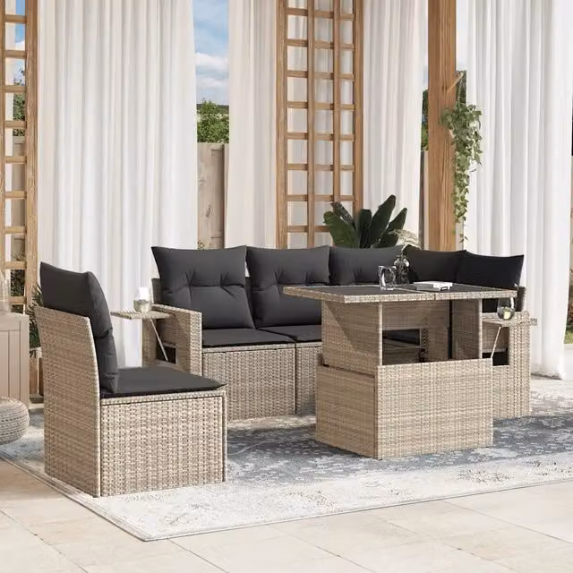 Set Divano da Giardino a L vidaXL in Polyrattan con Cuscini Antracite e Tavolino in Vetro, 6 Pezzi – 1