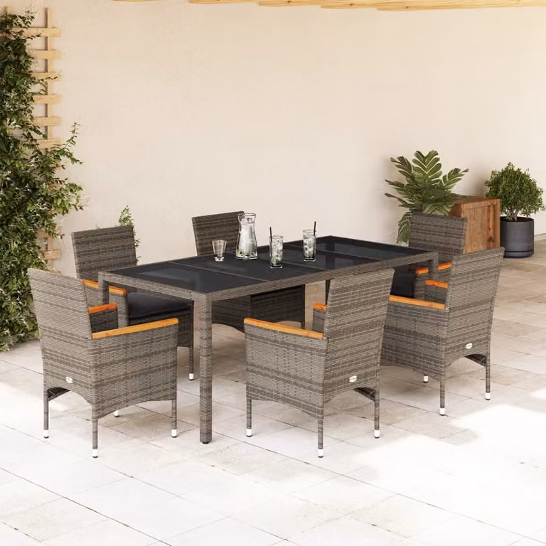 vidaXL Set da Pranzo da Giardino 7 pz in Polyrattan e Legno di Acacia con Vetro e Cuscini Grigio