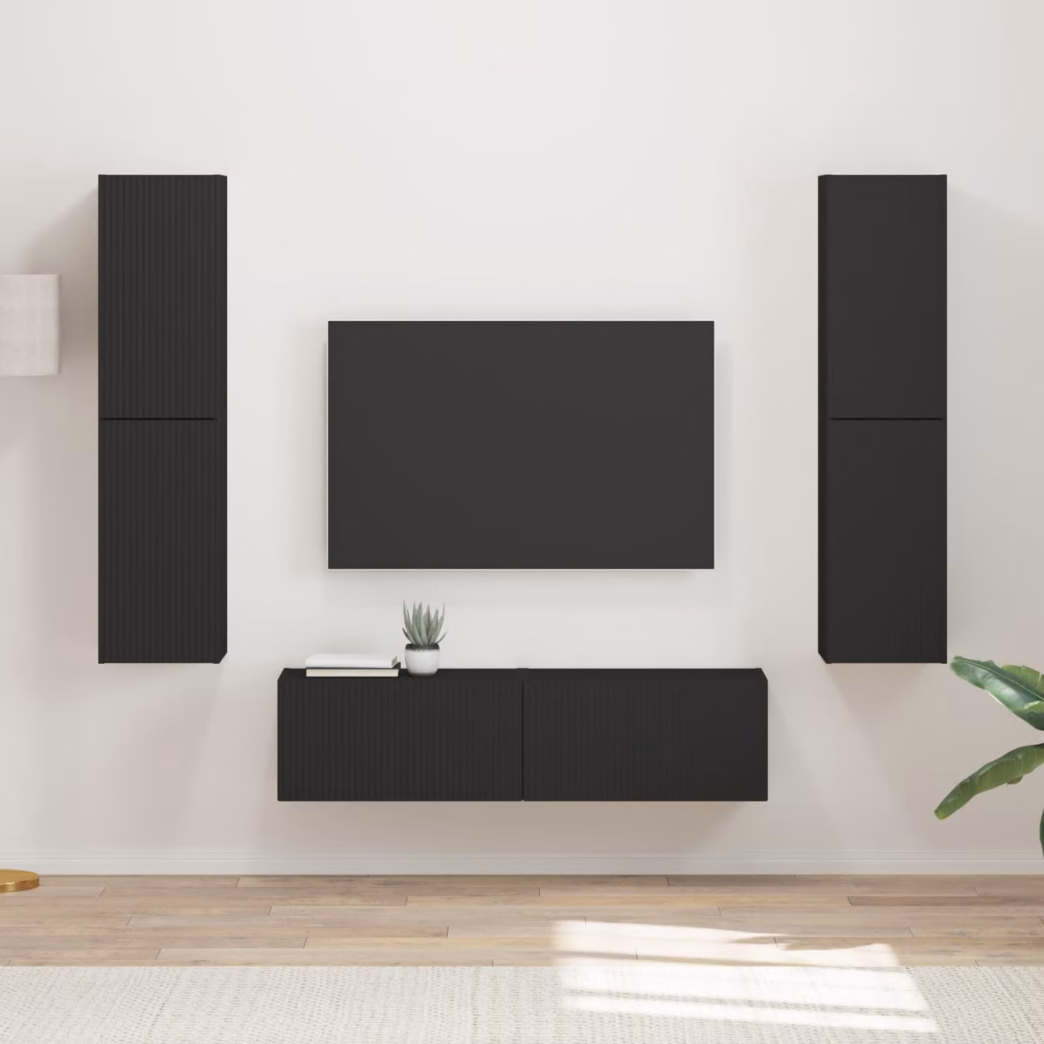 Set mobile TV moderno vidaXL in legno composito nero opaco con illuminazione integrata, 6 pezzi – 1