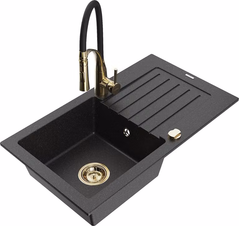 Mexen Pablo lavello in granito a 1 vasca con scolapiatti e rubinetto da cucina Aster, nero/argento metallizzato