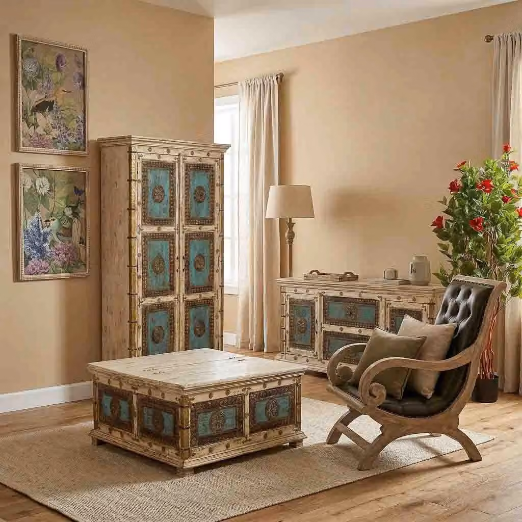 Tavolino quadrato in legno stile boho WANDERLUST DECO con piano ribaltabile, colori bianco, turchese e oro, L: 100 cm, P: 100 cm, H: 47 cm – 2