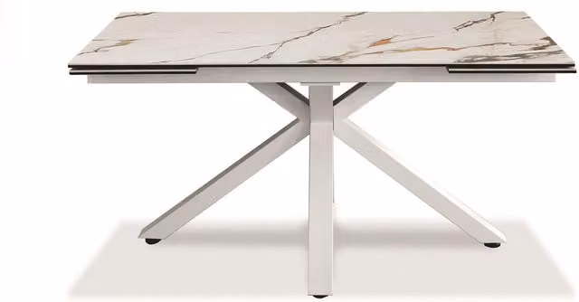E-STYLO Tavolo allungabile Stones con top in ceramica marmo Calacatta Borghini opaca e base in metallo bianco L/P/H: 160 x 90 x 76 cm (allungabile fino a 240 cm)