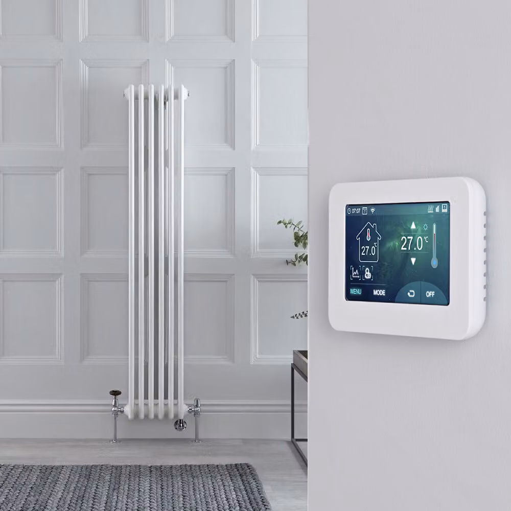 Radiatore Misto Verticale Doppio Regent Bianco con Valvole Cromate, Termostato WiFi e Display Touchscreen, H: 150 cm, L: 29 cm, P: 29 cm