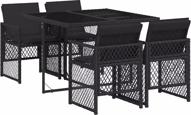 Set da Pranzo da Giardino 5 pz in Polyrattan Nero con Piano in Vetro per Terrazza e Giardino