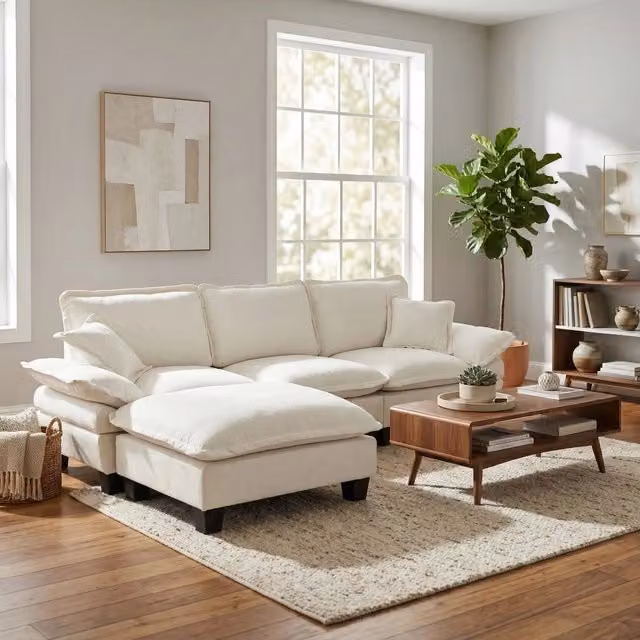 Divano angolare a L MIVRAY in ciniglia beige con ottomana coordinata, struttura in legno massiccio e braccioli imbottiti per il tuo soggiorno moderno