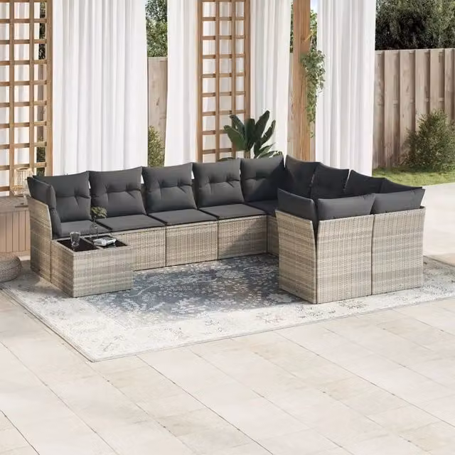 Set Divano Giardino 10 pz con Cuscini Grigio Chiaro Polyrattan 3218192