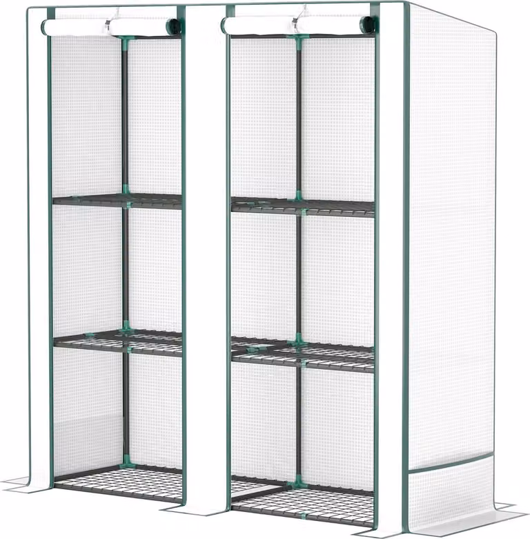 Serra con tetto spiovente, doppia porta, ripiani, serra in pellicola resistente all'inverno in acciaio, serra per balcone, giardino, serra per pomodori 144 x 48 x 152 cm, serra per pomodori, verdure, bianco