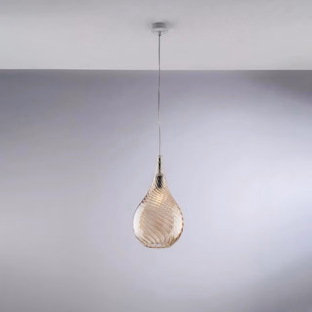 Lampadario a sospensione moderno Bonetti Illumina in metallo cromato e vetro ambra trasparente con attacco E27