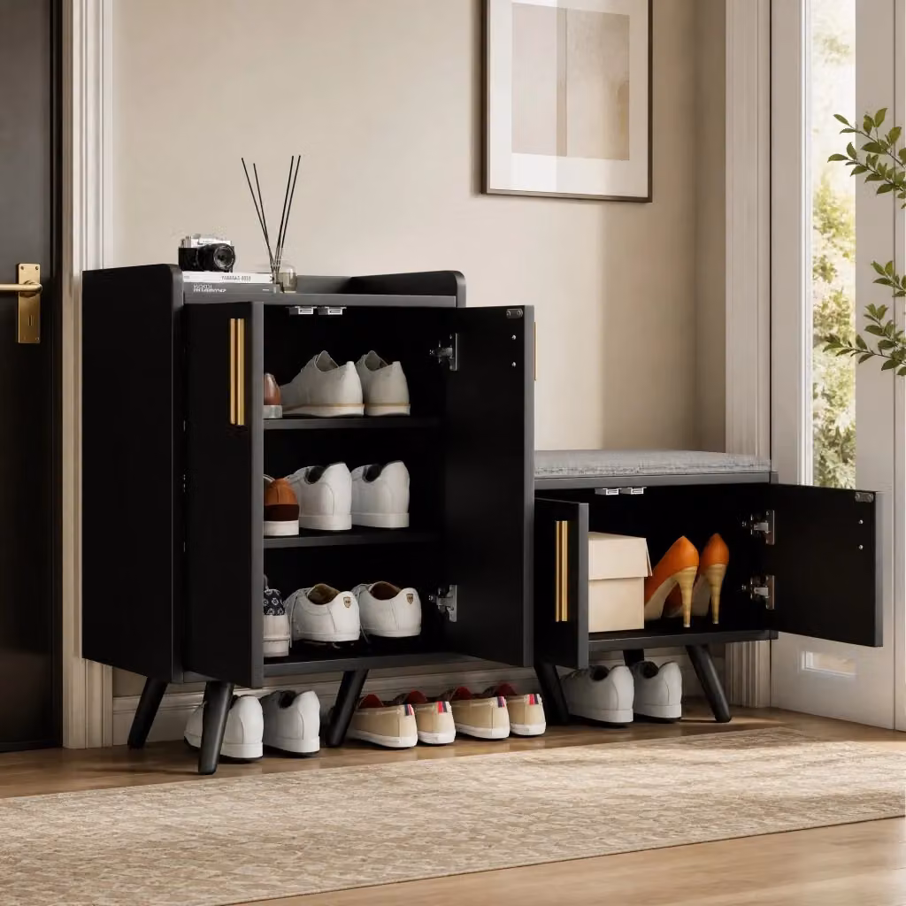 Scarpiera Mivray con seduta imbottita e ripiani interni in MDF, colore nero e noce scuro, L 120 x P 34 x H 82 cm – 2