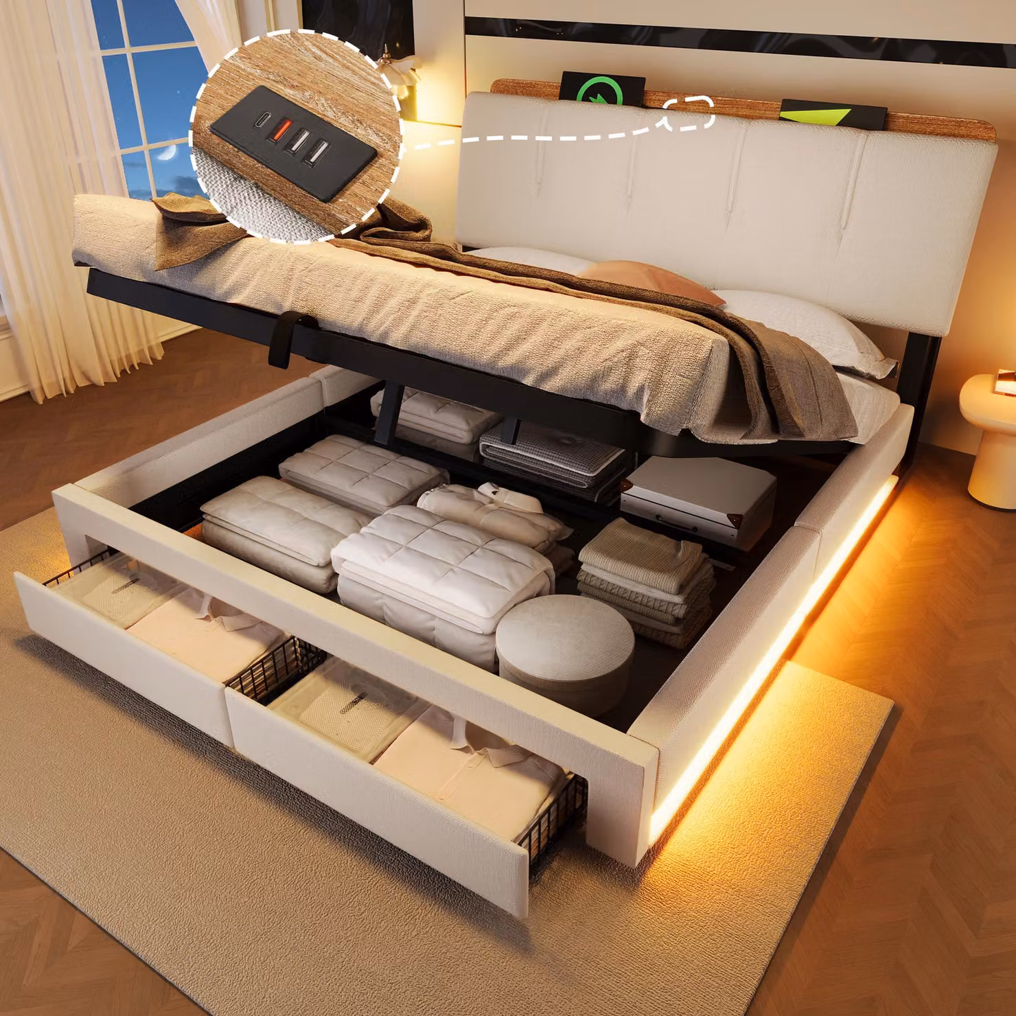 Letto imbottito Merax 140x200 cm, supporto idraulico, funzione di ricarica USB tipo C, illuminazione a LED, letto piatto, letto matrimoniale, lino, beige