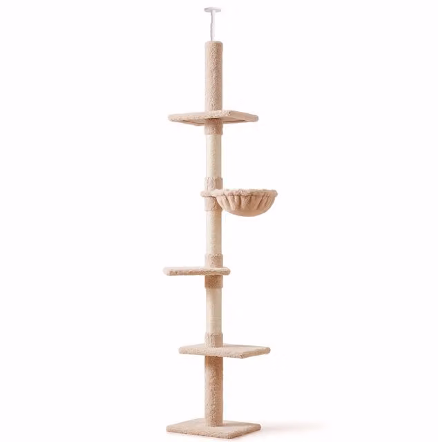 Albero Tiragraffi Multilivello PawHut con Amaca e Corda in Sisal, Altezza Regolabile, Beige, L 40 cm x P 34 cm x H 230-260 cm