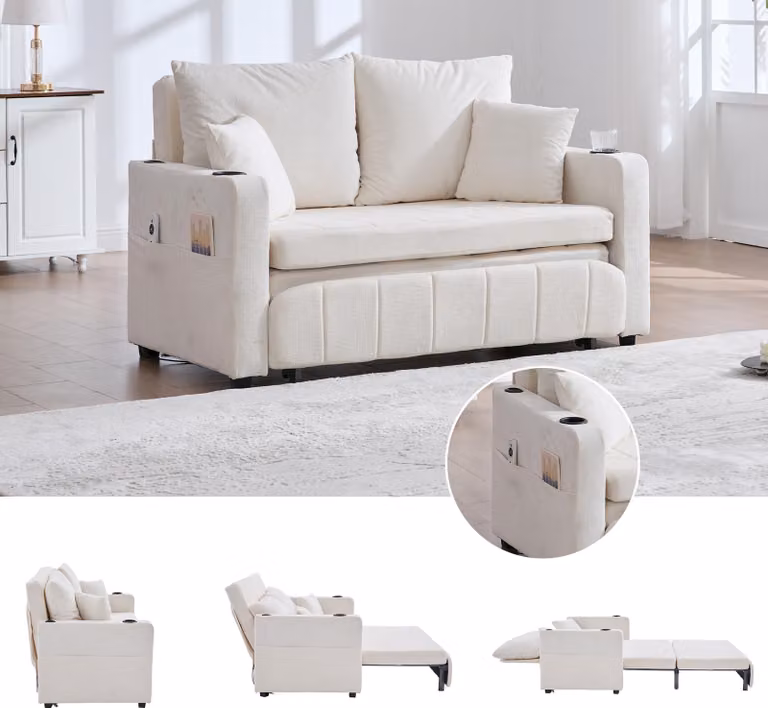 Divano a 2 posti STILVORA: rivestimento sfoderabile e lavabile, divano letto pieghevole con vano portaoggetti, divano letto con presa USB e portabicchieri, beige