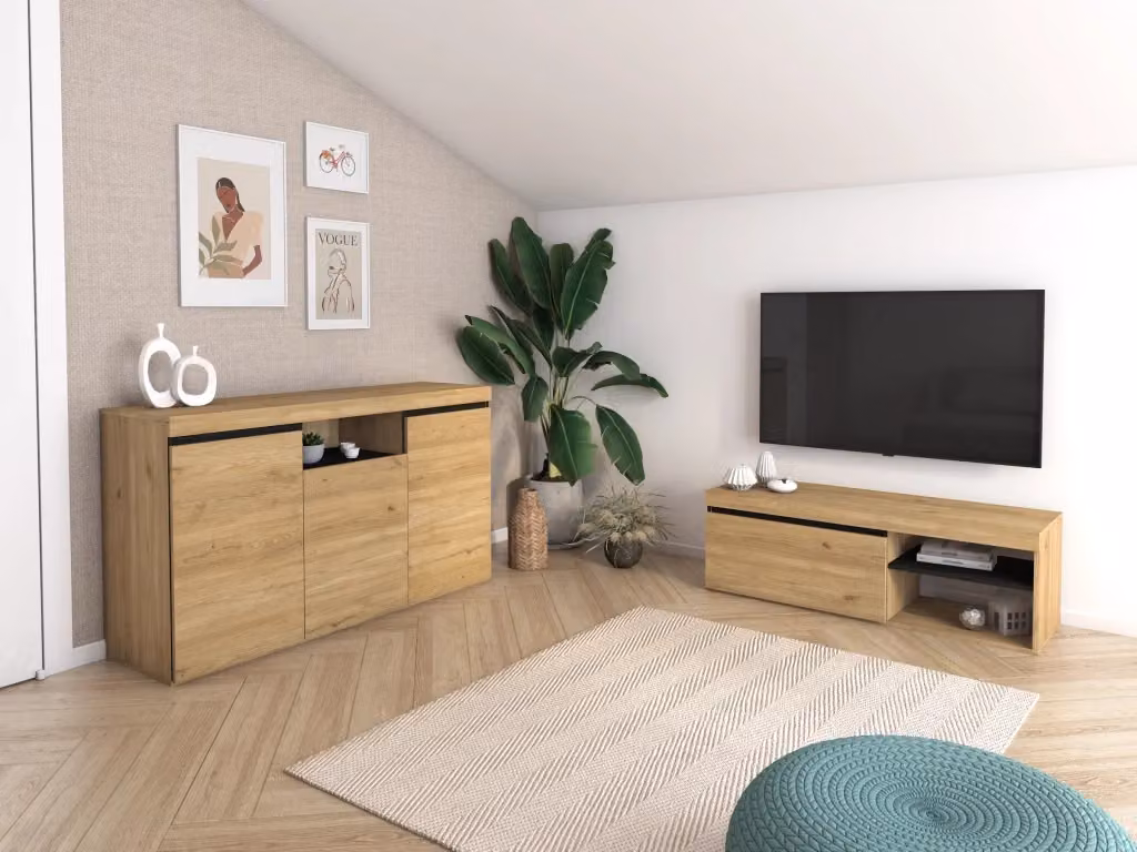 Set di mobili Skraut Home per soggiorno e sala da pranzo in stile scandinavo, buffet e mobile TV, colore rovere e nero, L: 140,1 cm x P: 39,6 cm x H: 80,5 cm – 2